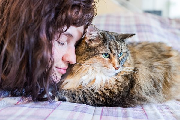 A woman resting and relaxing with an older cat.