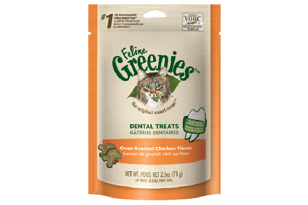 Dental Treats Oven Roasted Chicken Flavor, Feline Greenies™ (prices vary at retailers). greenies.com 